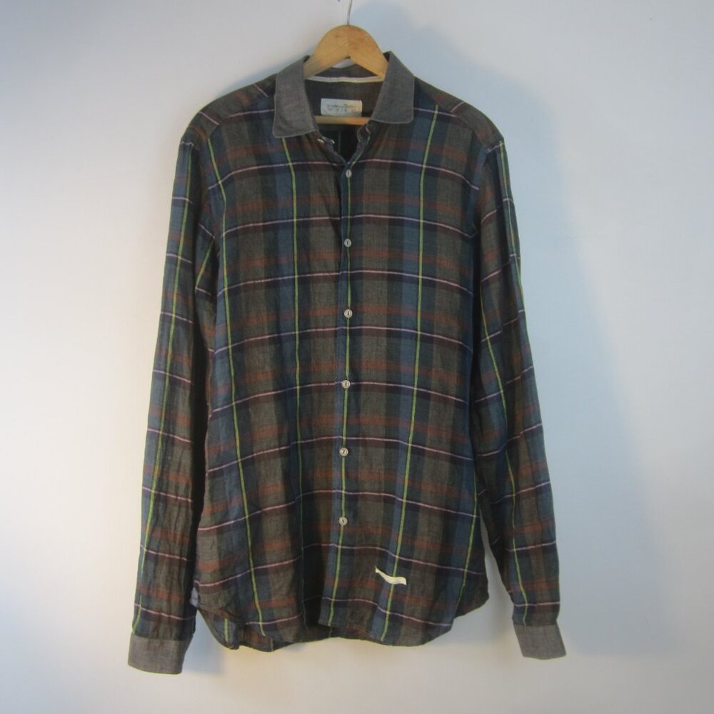 Tintoria Mattei 954 Shirt Men M Multicolor Plaid 100% Linen LS Shirt  41  /  16